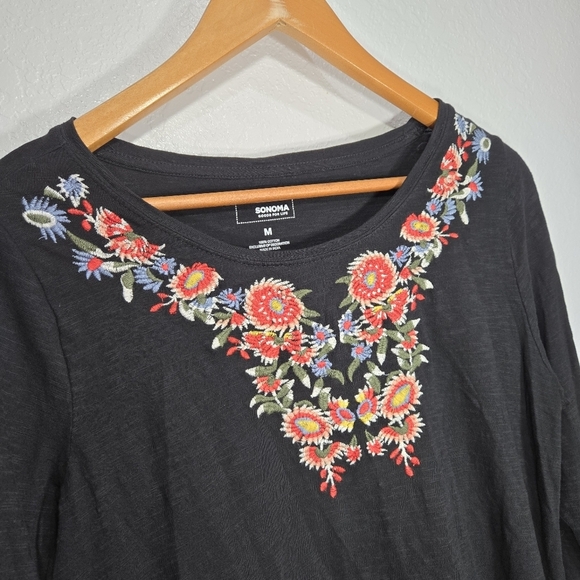 Sonoma Medium Black Floral Embroidered Cotton Shirt - Picture 2 of 4